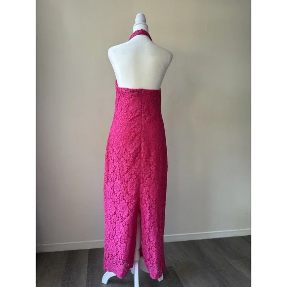 Zara Lace Halter Dress Womens Medium Pink Fuchsia Midi‎ Floral Open Back Pencil - Picture 2 of 16